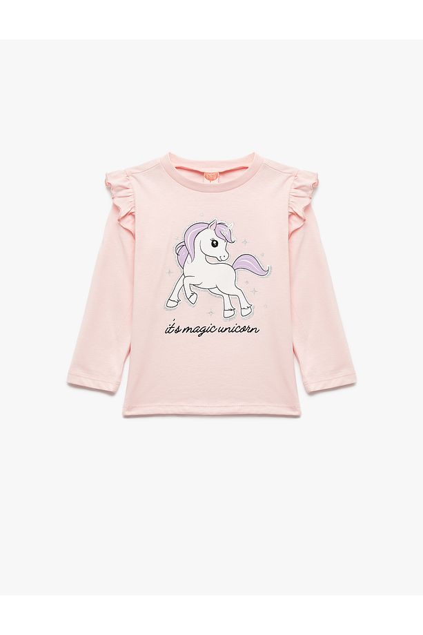 Unicorn Baskılı Pamuklu Uzun Kollu Bisiklet Yaka Tişört - 1