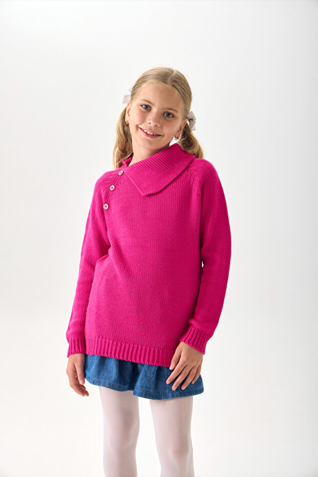 Girls' Knitwear Sweater - Button Detailed Wide Collar and Long Sleeve Model