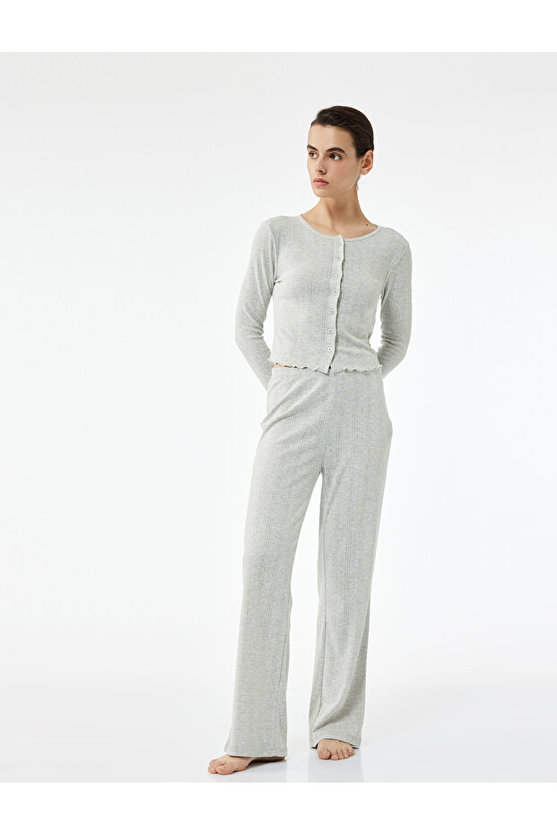 Viscose and Cotton Blend Button Detailed Crew Neck Long Sleeve Pajama Top