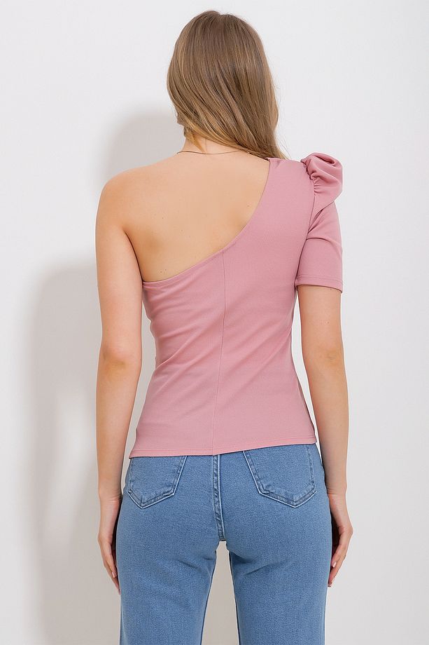 Kadın Pudra Pembe Tek Omuz Detaylı Bluz Prmx11799 - 5