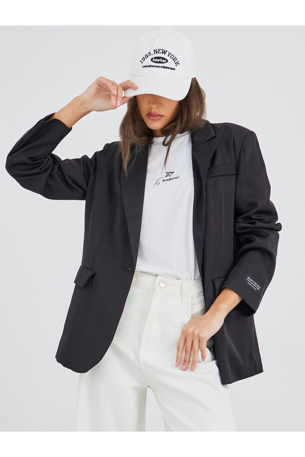 Women Black Regular Fir Regular Length Blazer with Badge Detail