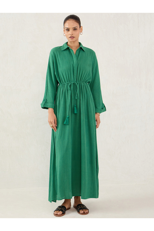 Green Crinkled Collared A-Line Maxi Dress with Drawstring Waist