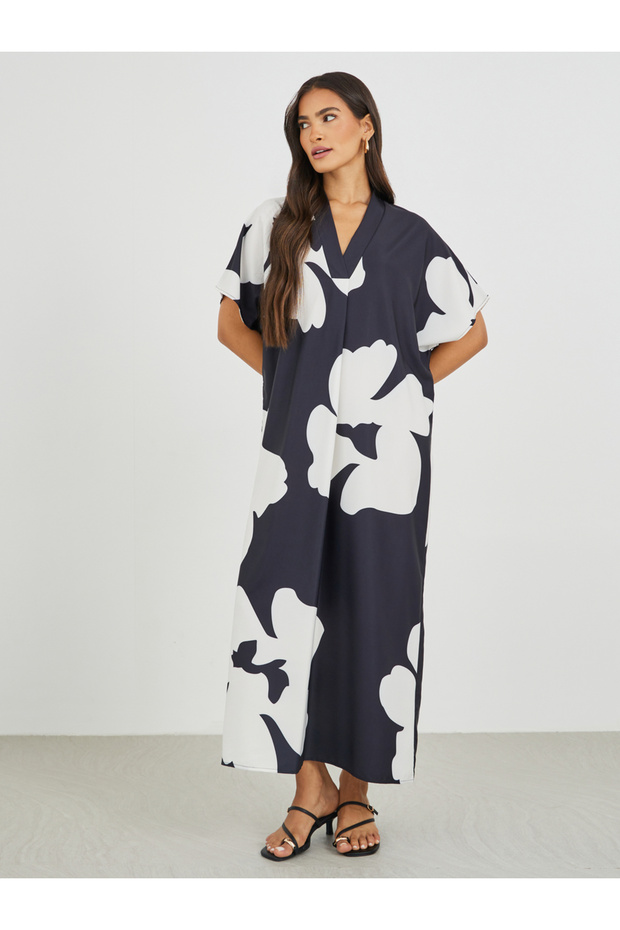 Floral Print Batwing Sleeve V-Neck Maxi Dress