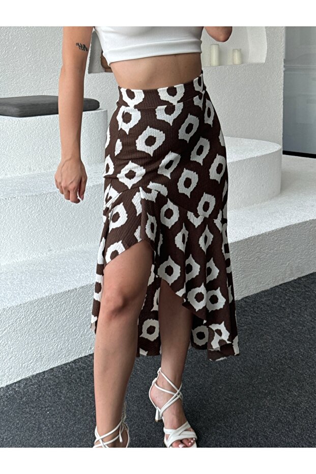 Brown-White Patterned Asymmetrical Wrap Skirt - 1
