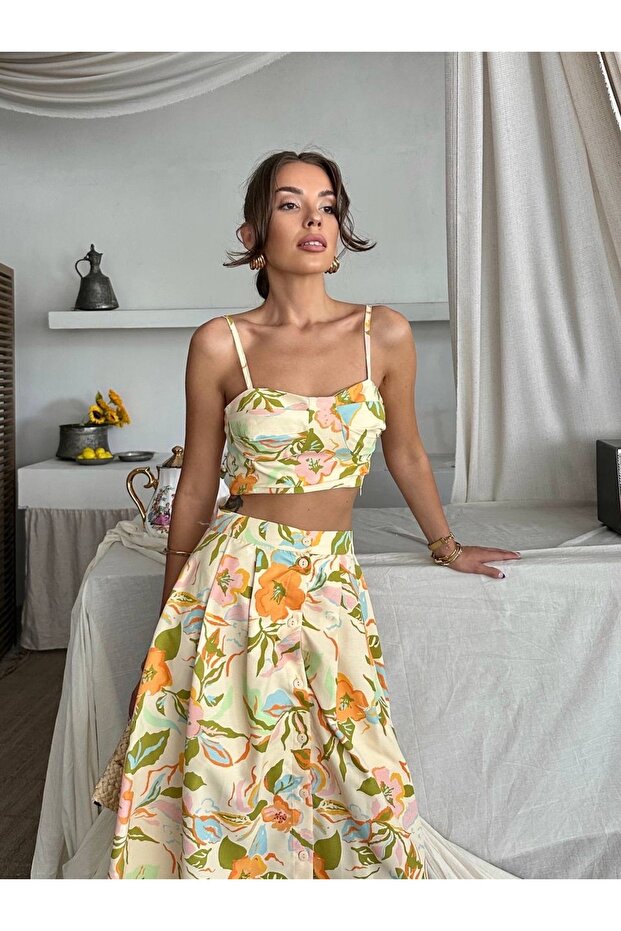 Dalia Çiçek Baskılı Keten Midi Elbise - 3