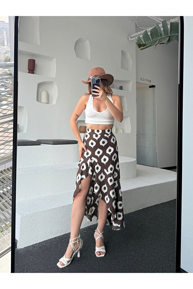 Brown-White Patterned Asymmetrical Wrap Skirt - 2