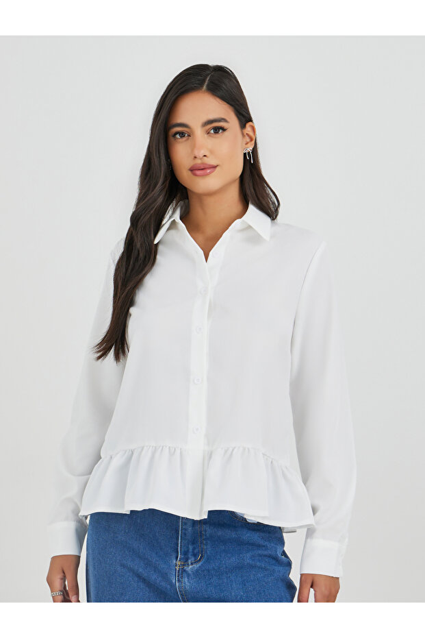 قميص سادة بأكمام طويلة وياقة واسعة - 1