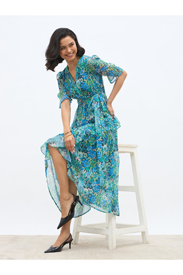 All-Over Floral Print Ruffle Trim Chiffon A-Line Maxi Dress