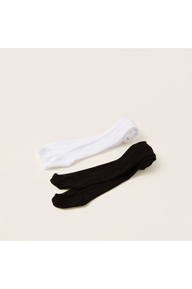 Solid Tights with Frill Detail and Elasticated Waistband - Set of 2 - 1