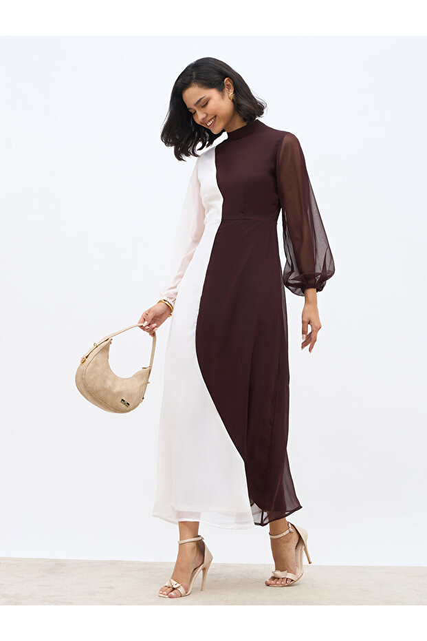 Color Block High Neck A-Line Maxi Dress