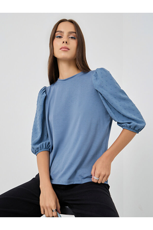 Solid Balloon Sleeve Round Neck Top - 1