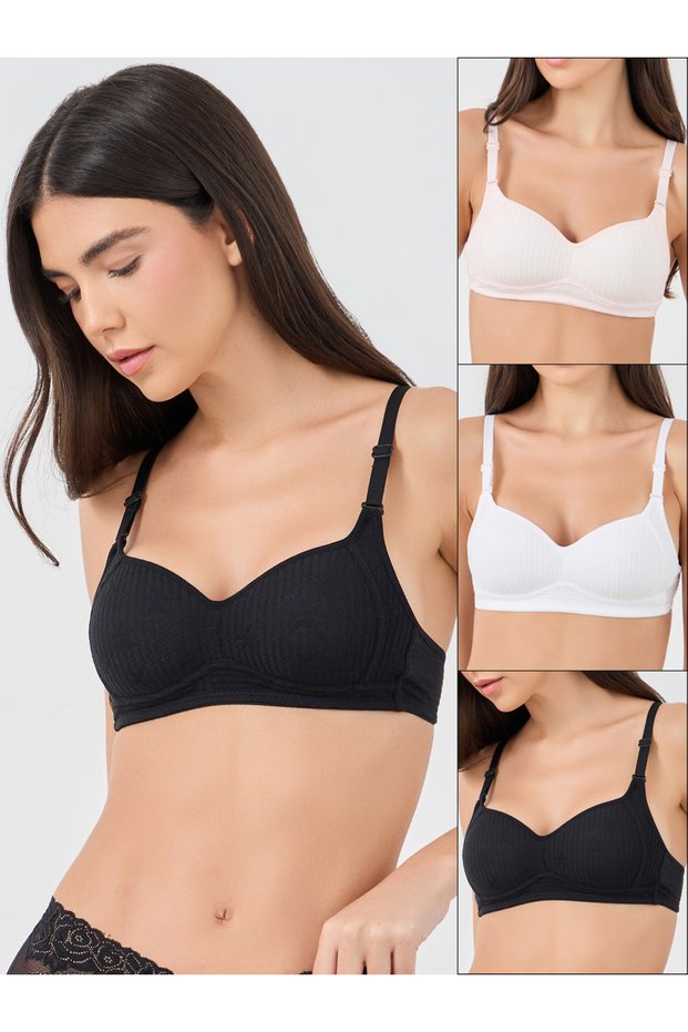 Pack of 3 - Floral Jacquard Rib Padded Non-Wired T-Shirt Bra