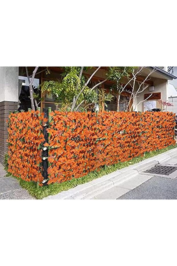 FFD Expandable Wicker Privacy Screen with Orange Maple Leaves (Telescopic Wooden Garden Fence, 100cm
