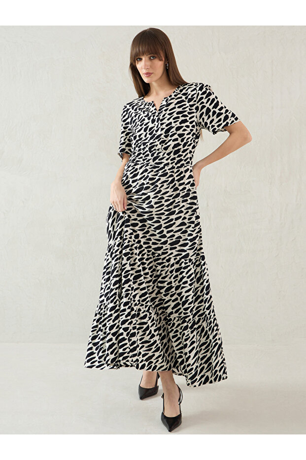 Abstract Print Short Sleeve Tiered Maxi Dress