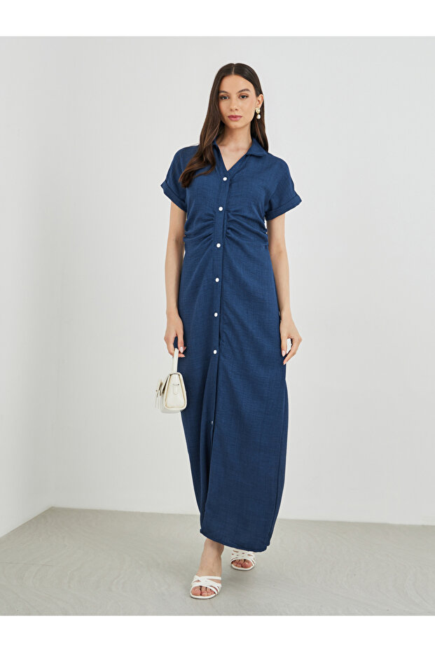 Solid Collared Buttoned Shirt Maxi Dress - 2