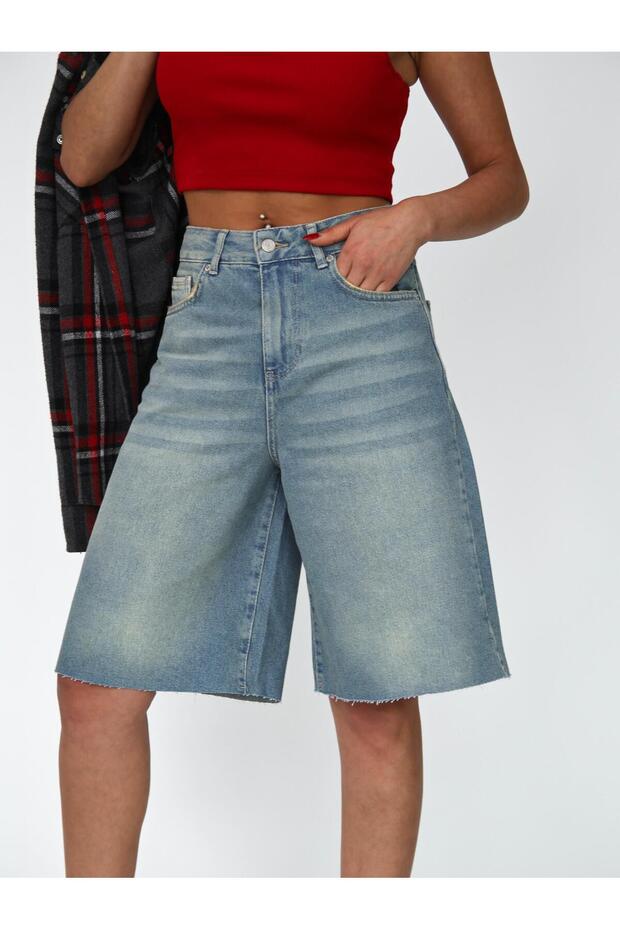 KADIN UZUN BERMUDA KOT ŞORT YIRTIK DETAYLI MİDİ BOY TİNT - 7