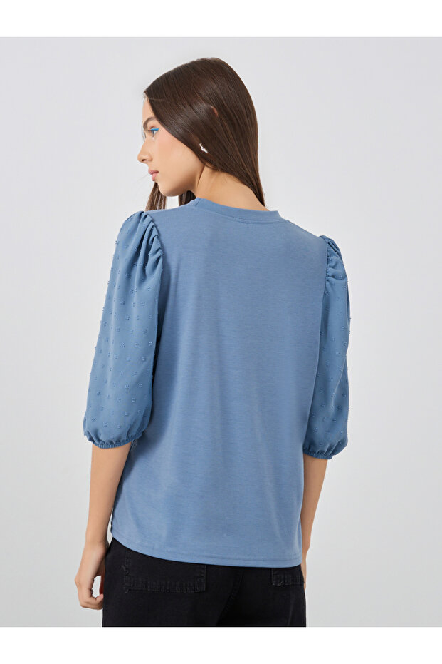 Solid Balloon Sleeve Round Neck Top - 5