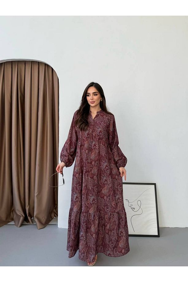 Kadın Tesettür Elbise Modal Kumaş Etnik Desenli Elbise - 3