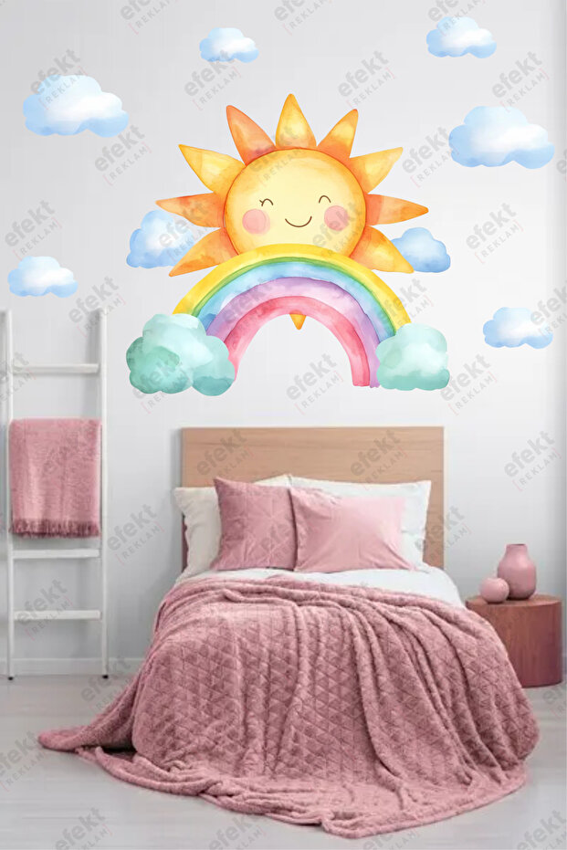 Smiling Sun in the Rainbow Kindergarten-Nursery Children's Room Door-Wall Adhesive Sticker Set