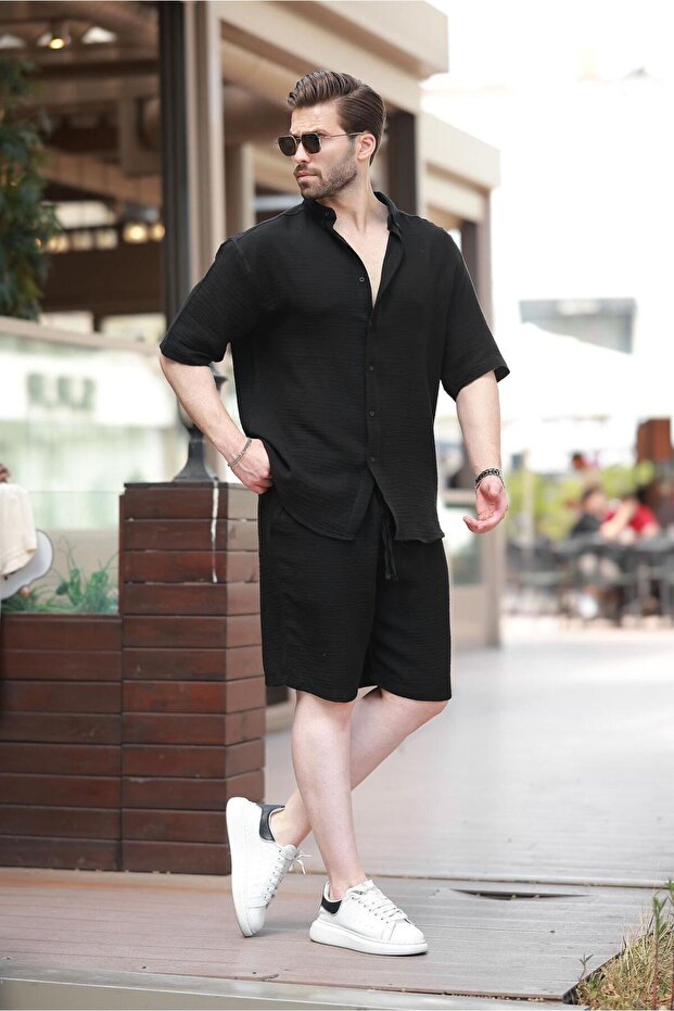 Siyah Basic Erkek Şort Gömlek Takım E7321 - 3