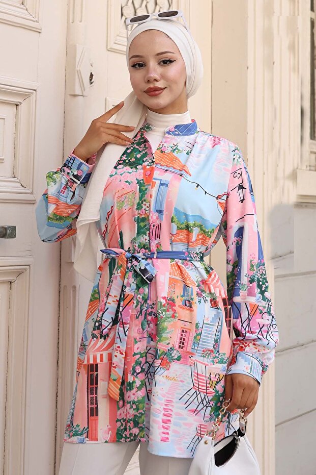 Patterned Hijab Shirt Lilac 704