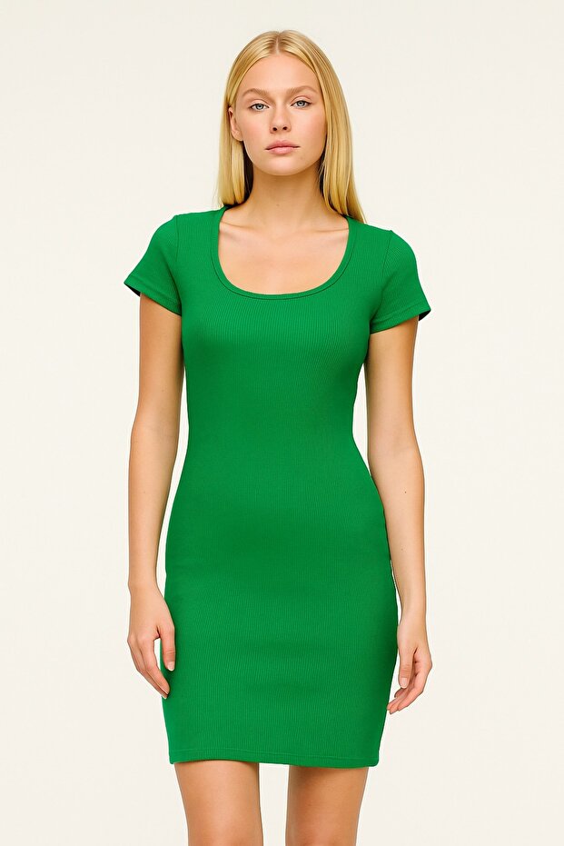 Women's Fitted/Fitted Crew Neck Ribbed Short Sleeve Dress
