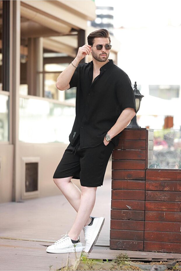 Siyah Basic Erkek Şort Gömlek Takım E7321 - 4