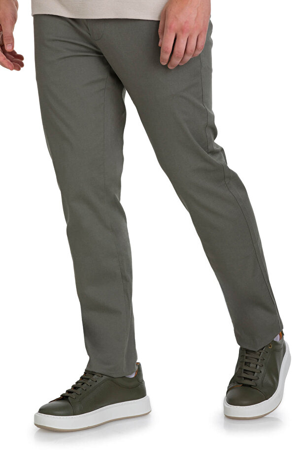 Khaki Regular Fit Patterned Cotton Jogger Trousers with Side Pockets