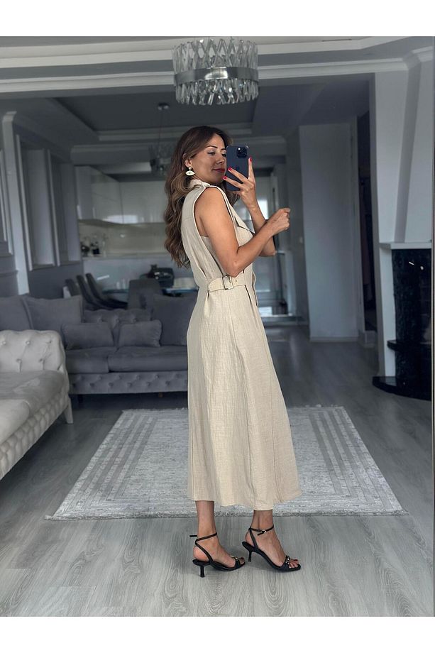Taş Apoletli Sıfır Kol Midi Boy Kadın Gömlek Elbise - 3