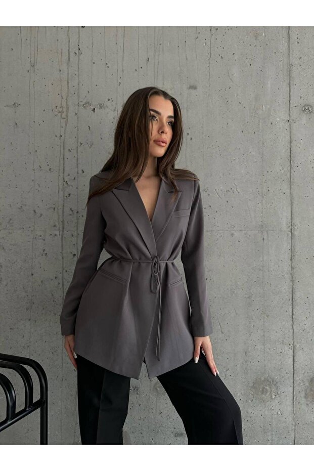 Women's Anthracite Waist Tie Blazer Jacket