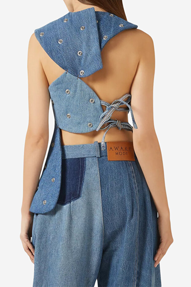 Upcycled Denim Stud-Embellished Island Top, Mavi - 4