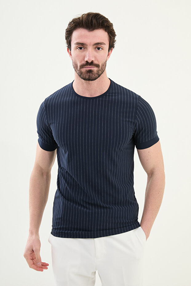 Striped Slim Fit Crew Neck Men's T-Shirt Navy Blue - 36820.24Y