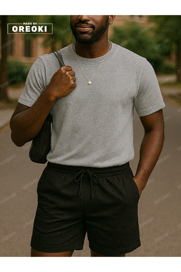 Men's Gray T-Shirt & Basic Shorts Set - Cotton, Relaxed Fit
