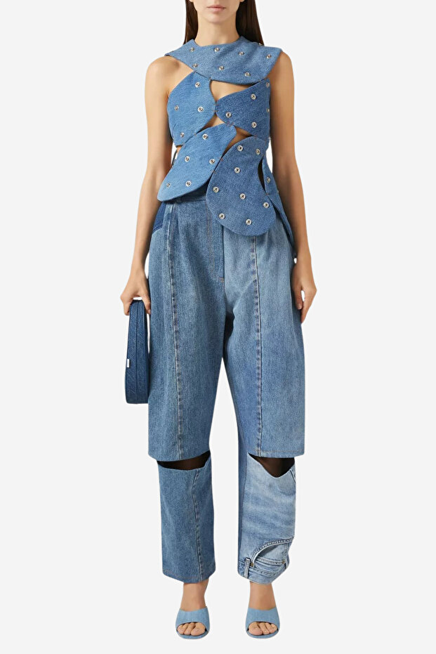 Upcycled Denim Stud-Embellished Island Top, Mavi - 3