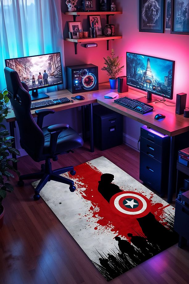 Marvel Eskitme Desenli Kaymaz Taban Makinede Yıkanabilir Gaming Oyuncu Gamer Genç Odası Halısı - 3