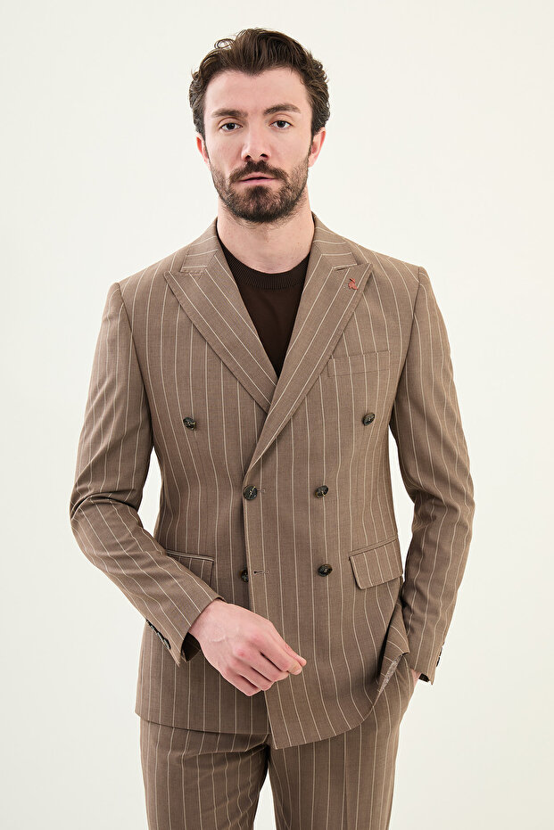 Striped Slim Fit Wide Collar Double Breasted Men's Suit Mink - 45403.25Y