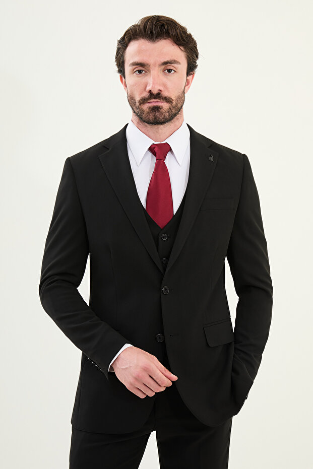 Straight Slim Fit Mono Collar Classic Men's Suit Black - 45395.25Y