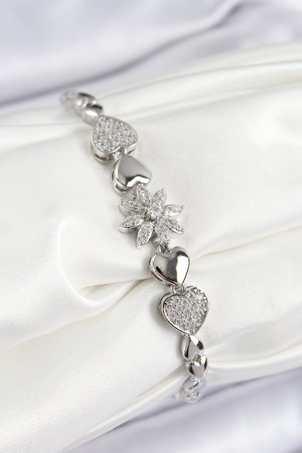 Brass Zircon Stone Heart Detailed Flower Model Silver Color Women's Bracelet Tj-Bb7528