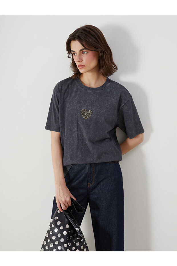 Lcw Vision Anthracite Crew Neck Heart Embroidery Oversize Women's T-Shirt S5Rd91Z8Nvy25