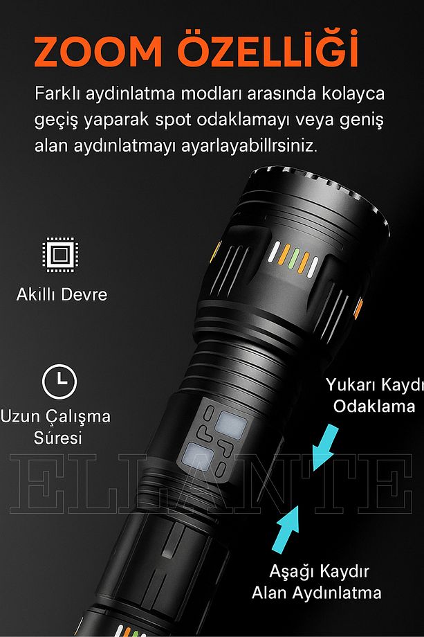 Yüksek Güçlü 10.000 Lümen Gücünde Yüksek Işıklı Taktik Led El Feneri – Şarj Edilebilir - 4