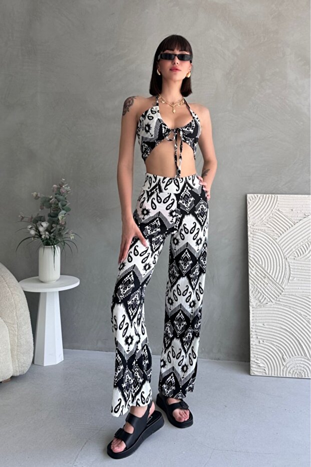 Yumeko Wrinkled Fabric High Waist Pants Tie-Up Crop Two-Piece Set