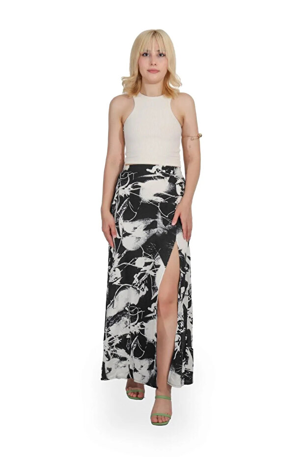 High Waist Slit Patterned Skirt for Women