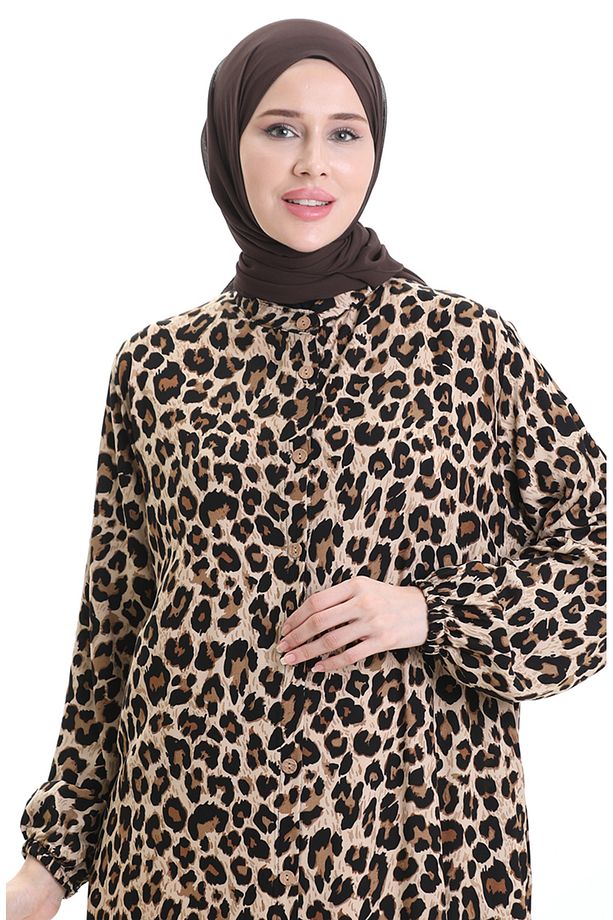 Leopar Desenli Düğmeli Elbise 0122-01 Siyah Bej - 4