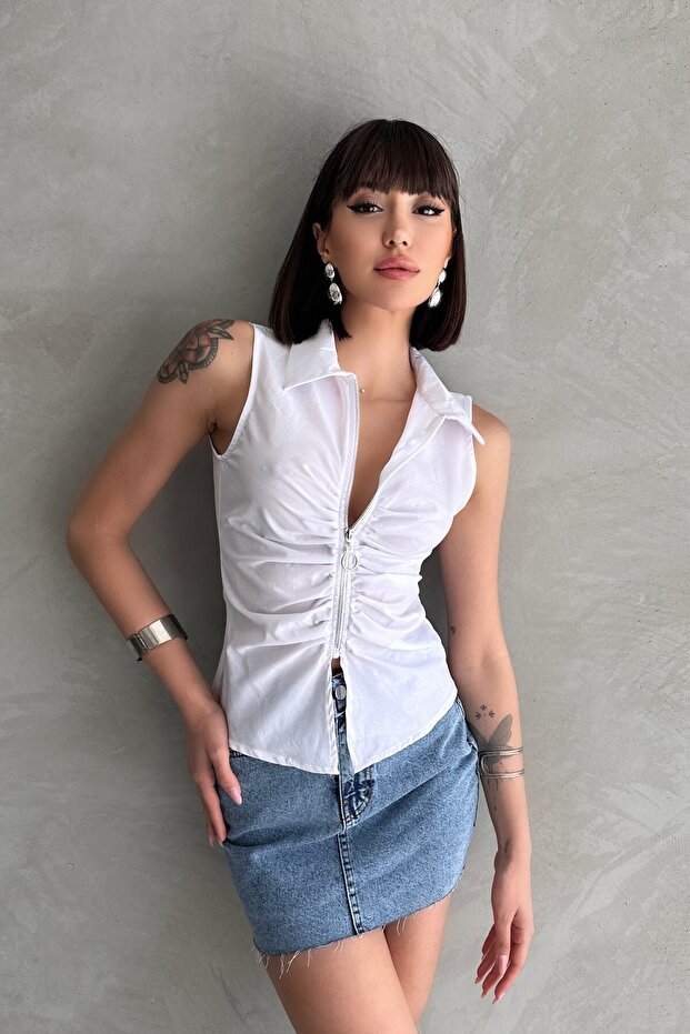 Zipped Detail Shirt Collar Sleeveless Bluz