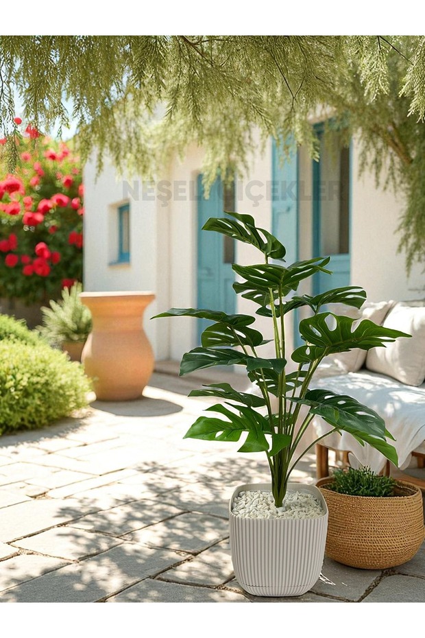 Yapay Ağaç Monstera Deve Tabanı Bitkisi 18 Yaprak 75cm Plastik Saksıda Yapay Salon Çiçeği Hediyelik - 7