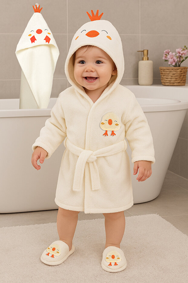Girls Boys 100% Organic Cotton Chick Baby Bathrobe Set 4 Piece Boxed Luxury Towel Gift Set