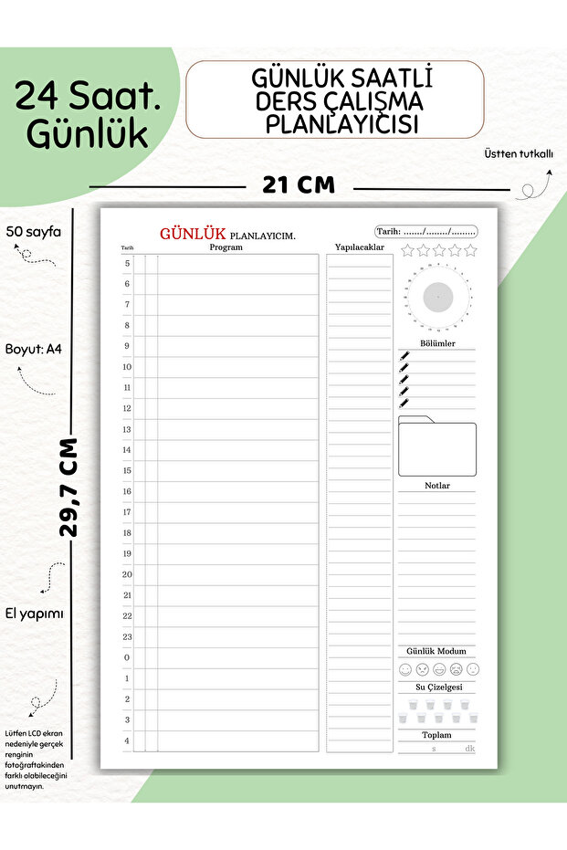 Günlük Saatli Planlayıcı - A4 - Dikey - Ders Çalışma Planlayıcısı Notepad - No 8.02 - 1