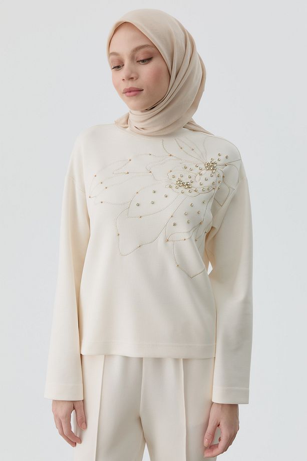 Nakışlı Taşlı Örme Sweat - Ekru - 2