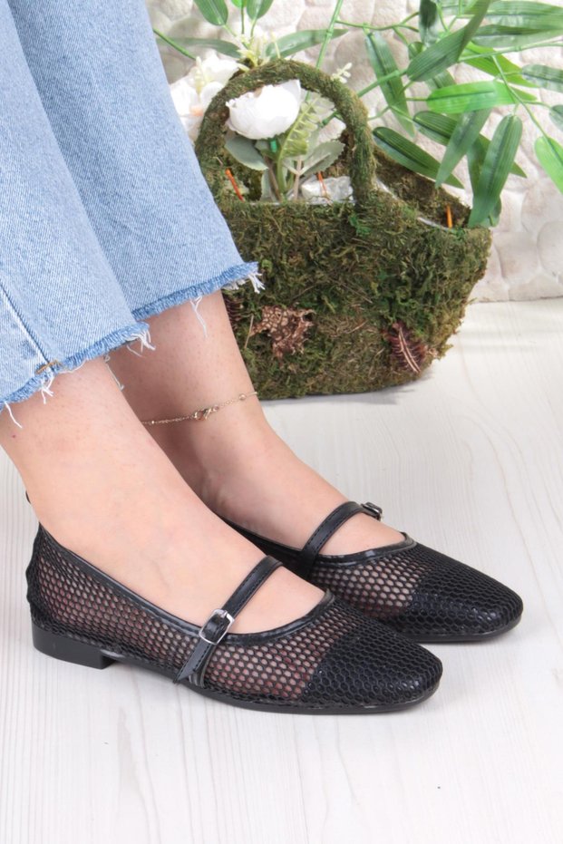 402 Ceyn Mesh Knitwear Buckle Detailed Stylish Home Business Office Comfortable Daily Shoes Women's Ballerinas
