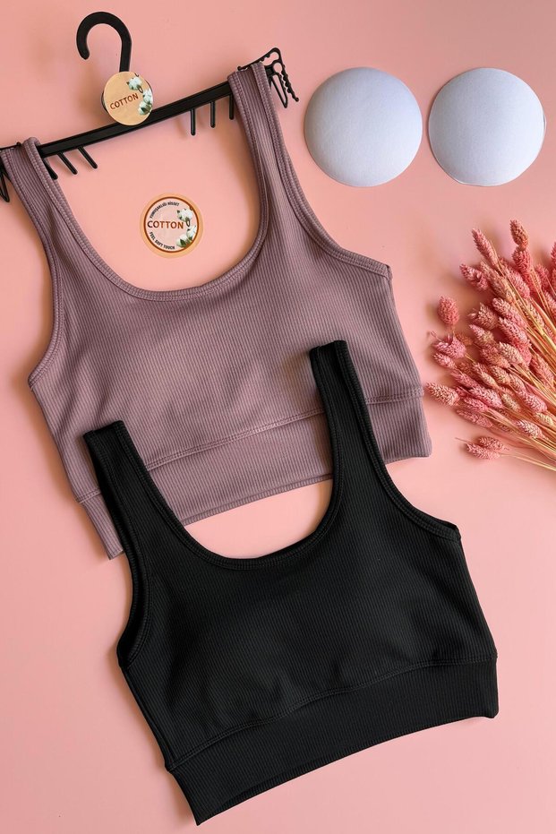 Zaphir | 2-Piece Dusty Rose and Black Color Strap Camisole Women's Sports Tank Top with Pads